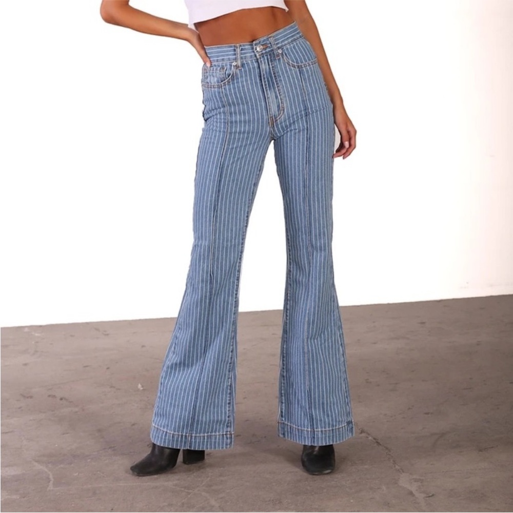 REVICE Blue & White Striped High-Waist Flare Jeans - Picture 10 of 12